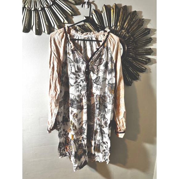 Anthropologie Floreat Patchwork Sleep Shirt Floral Plaid Velvet Trim Boho XL - Picture 3 of 8